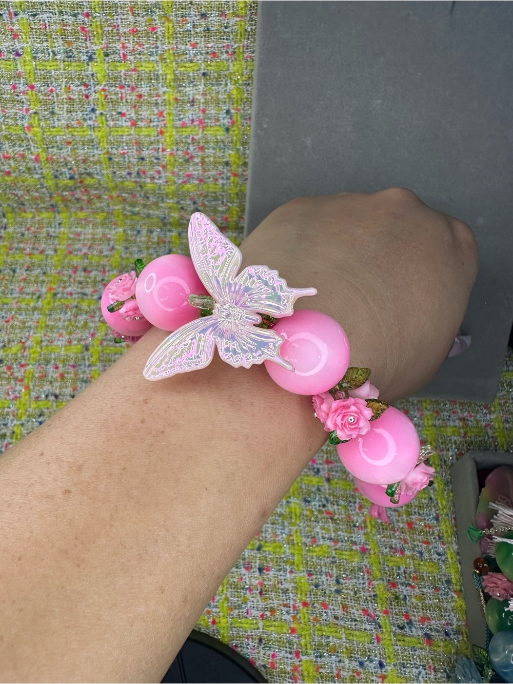 Pink Butterfly, acrylic flower with Coral Beaded Bracelet